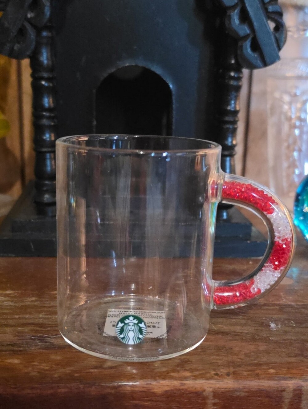 Starbucks Clear Glass Mug with Red Glitter Handle Accent